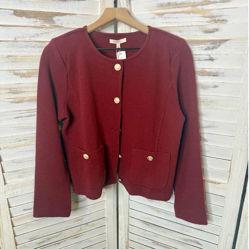 NWT SKIES ARE BLUE Women's M Textured Knit Pearl Button Jacket Burgundy